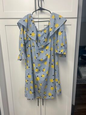 crown & ivy Blue & Yellow Striped Floral Off-Shoulder Dress